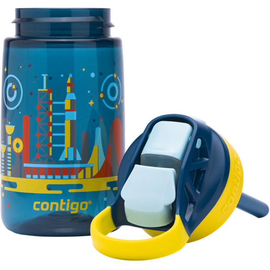 Contigo Kids Gizmo Trinkflasche mit Strohhalm 420 ml, Blau/gelbe Rakete