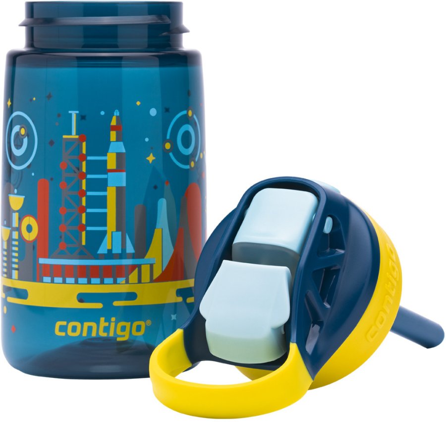 Contigo Kids Gizmo Trinkflasche mit Strohhalm 420 ml, Blau/gelbe Rakete