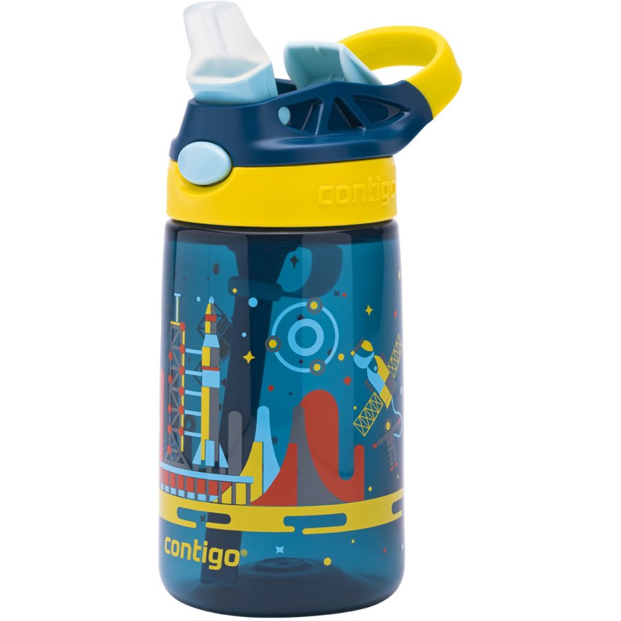 Contigo Kids Gizmo Trinkflasche mit Strohhalm 420 ml, Blau/gelbe Rakete