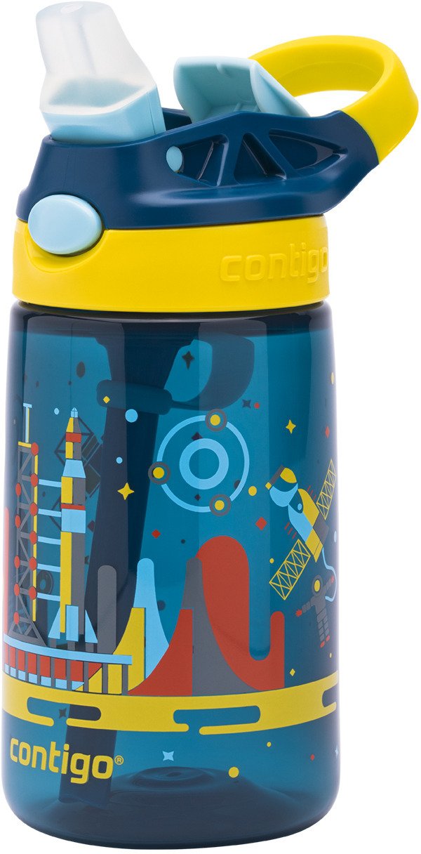 Contigo Kids Gizmo Trinkflasche mit Strohhalm 420 ml, Blau/gelbe Rakete