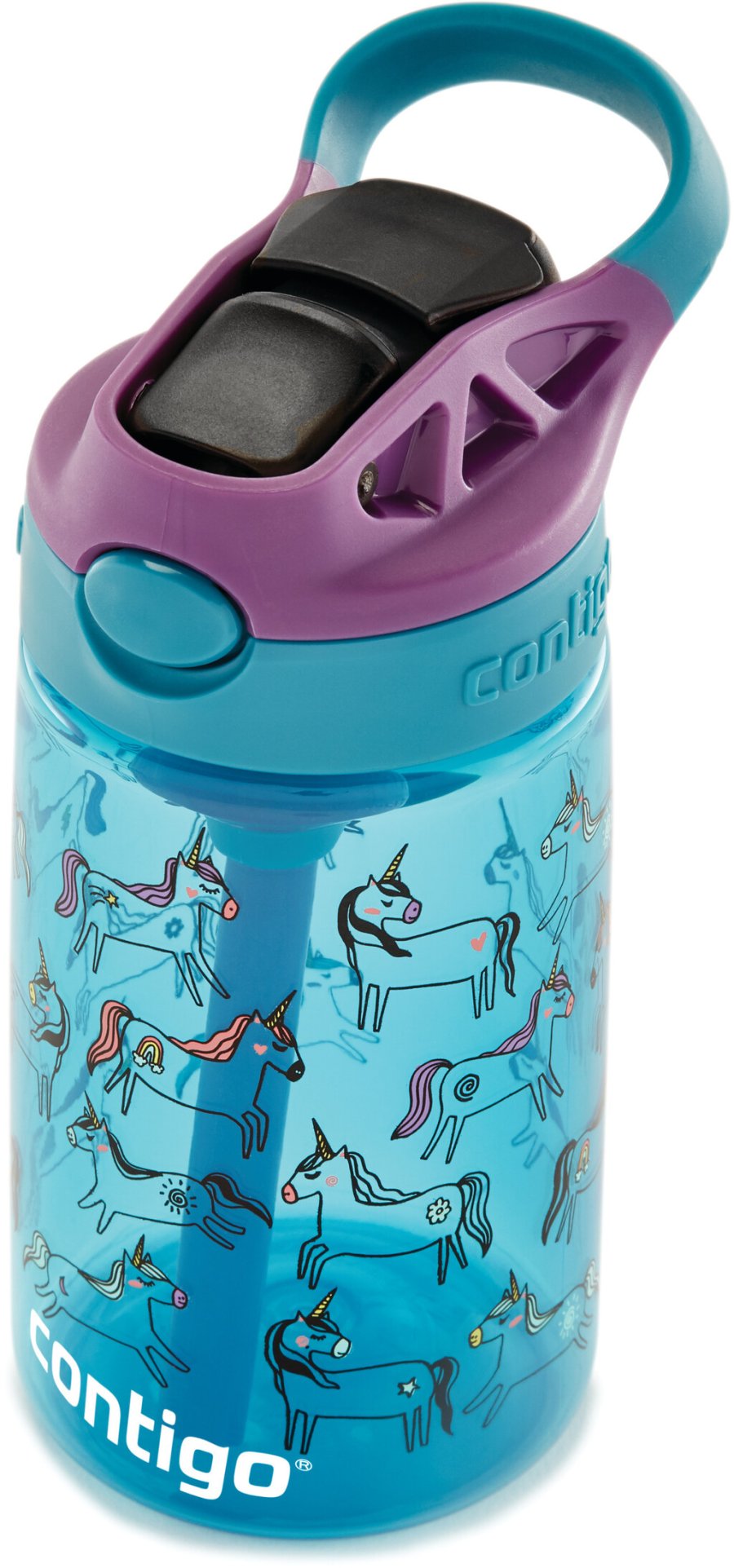 Contigo Kids Easy Clean Trinkflasche mit Strohhalm 420 ml, Blaue Einhrner