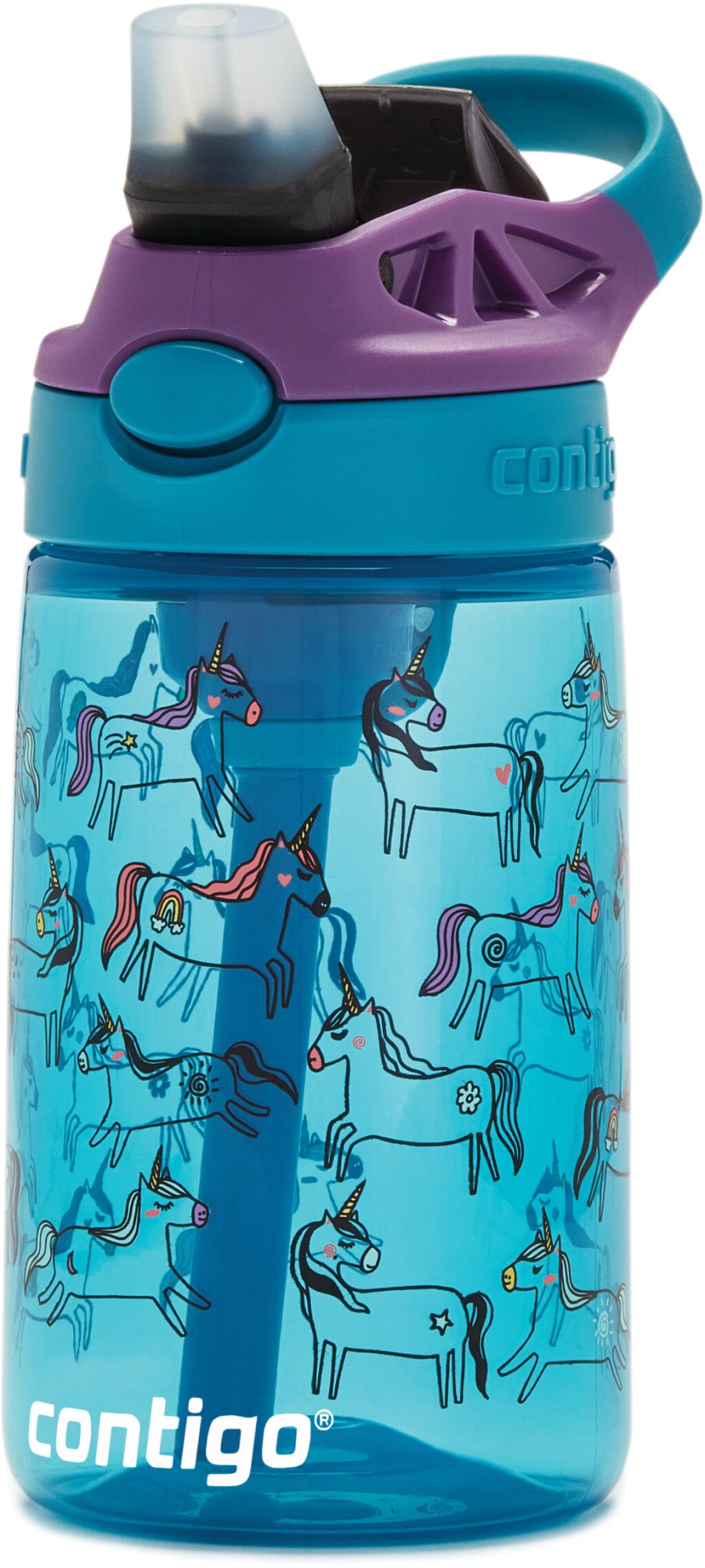 Contigo Kids Easy Clean Trinkflasche mit Strohhalm 420 ml, Blaue Einhrner