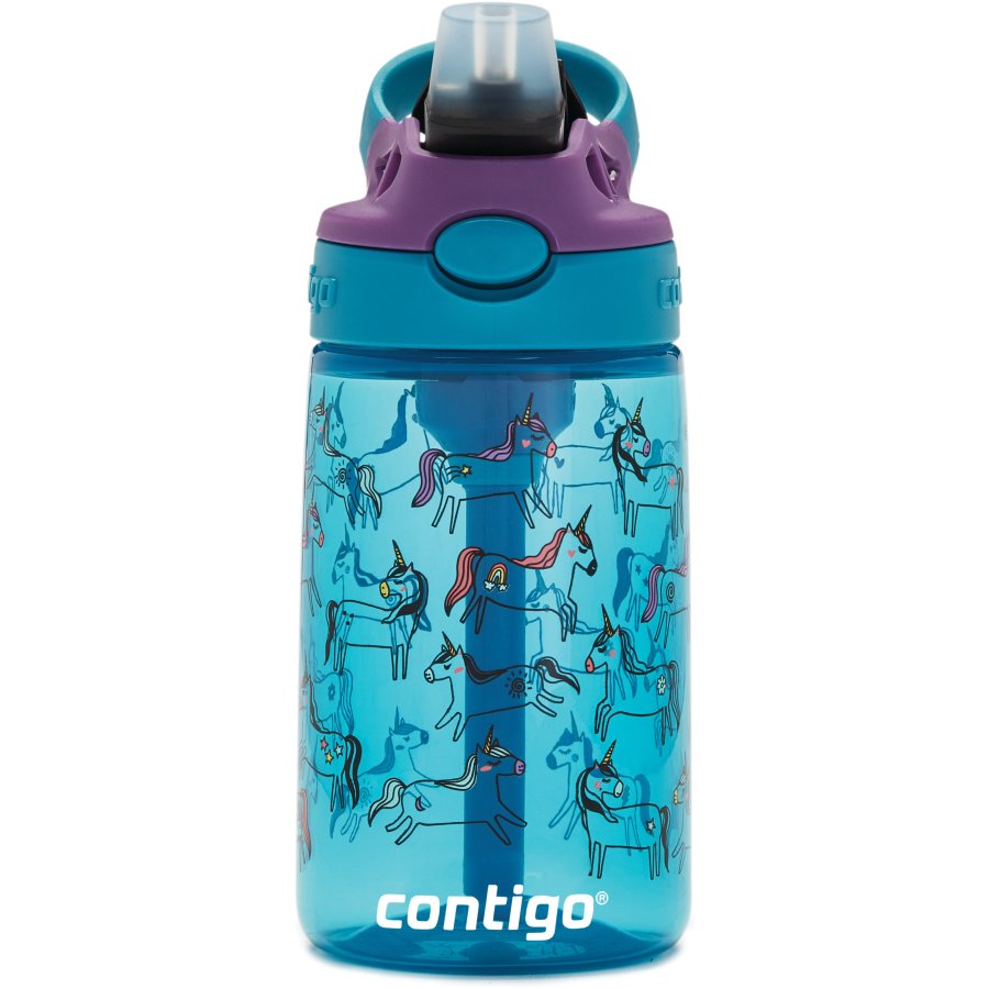 Contigo Kids Easy Clean Trinkflasche mit Strohhalm 420 ml, Blaue Einhrner