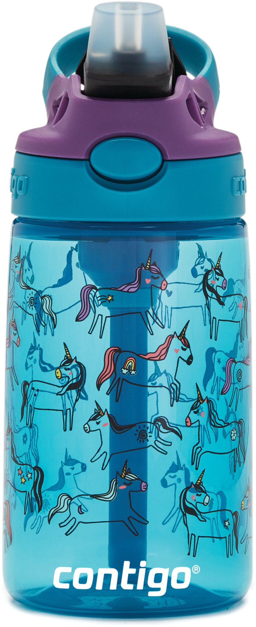 Contigo Kids Easy Clean Trinkflasche mit Strohhalm 420 ml, Blaue Einhrner