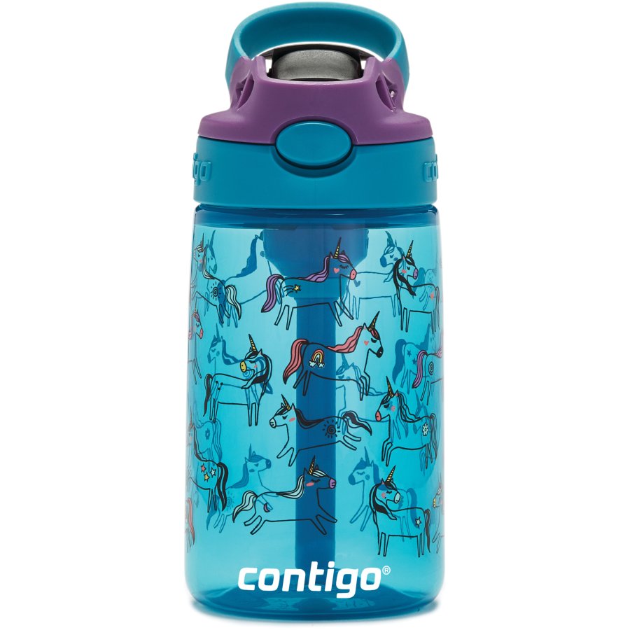 Contigo Kids Easy Clean Trinkflasche mit Strohhalm 420 ml, Blaue Einhrner