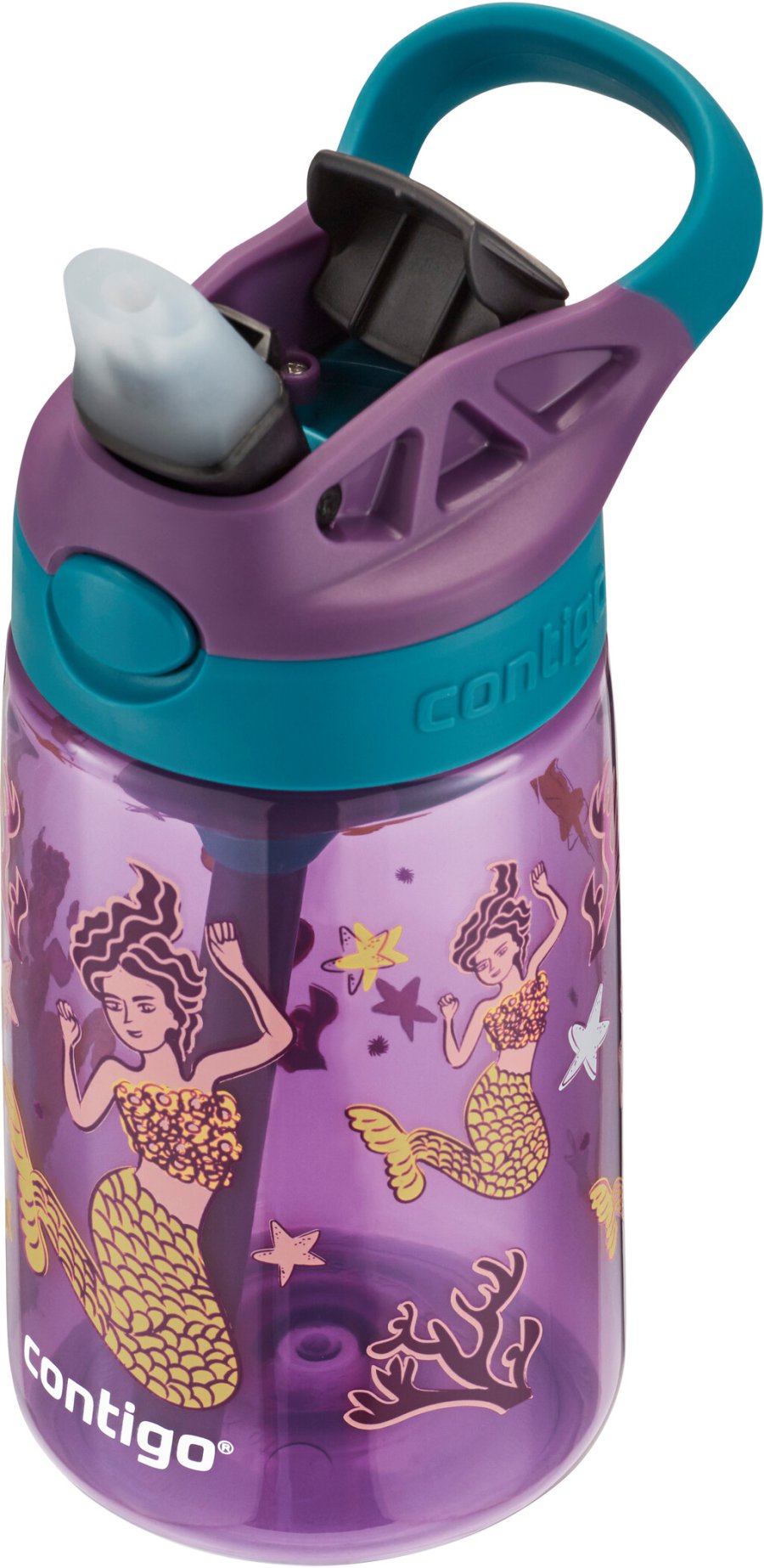 Contigo Kids Easy Clean Trinkflasche mit Strohhalm 420 ml, Lila Meerjungfrauen