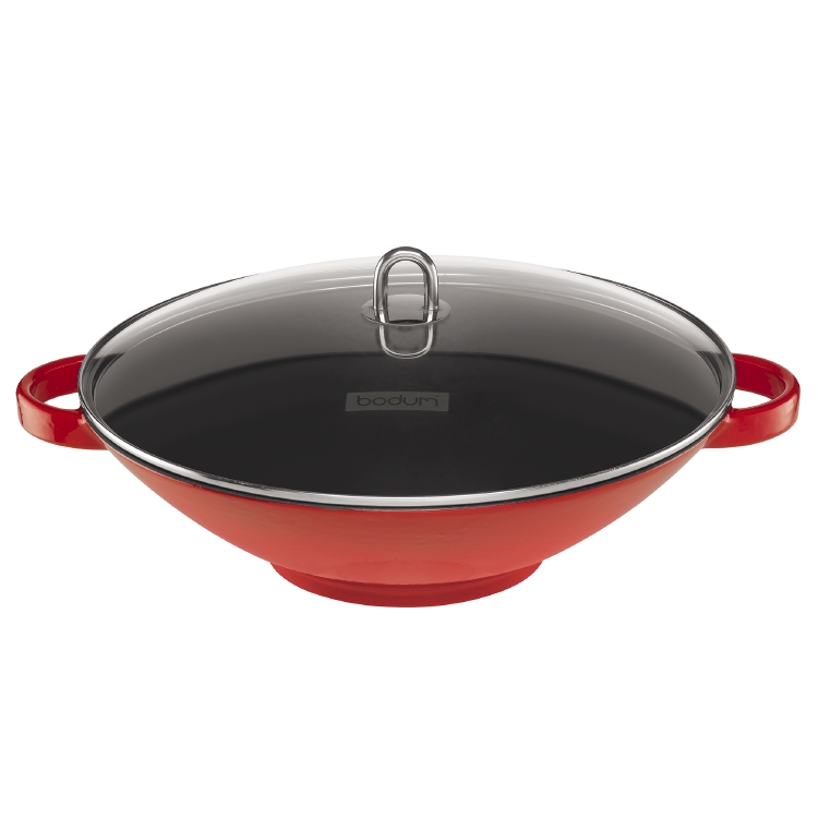 Bodum CHAMBORD Støbejerns wok med glas låg 37cm., Rød Wokpander WWW