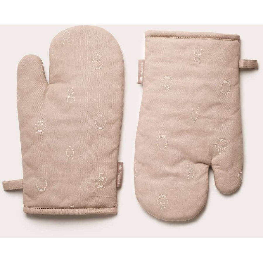 Brainchild Topfhandschuh, Beige mit weier Stickerei