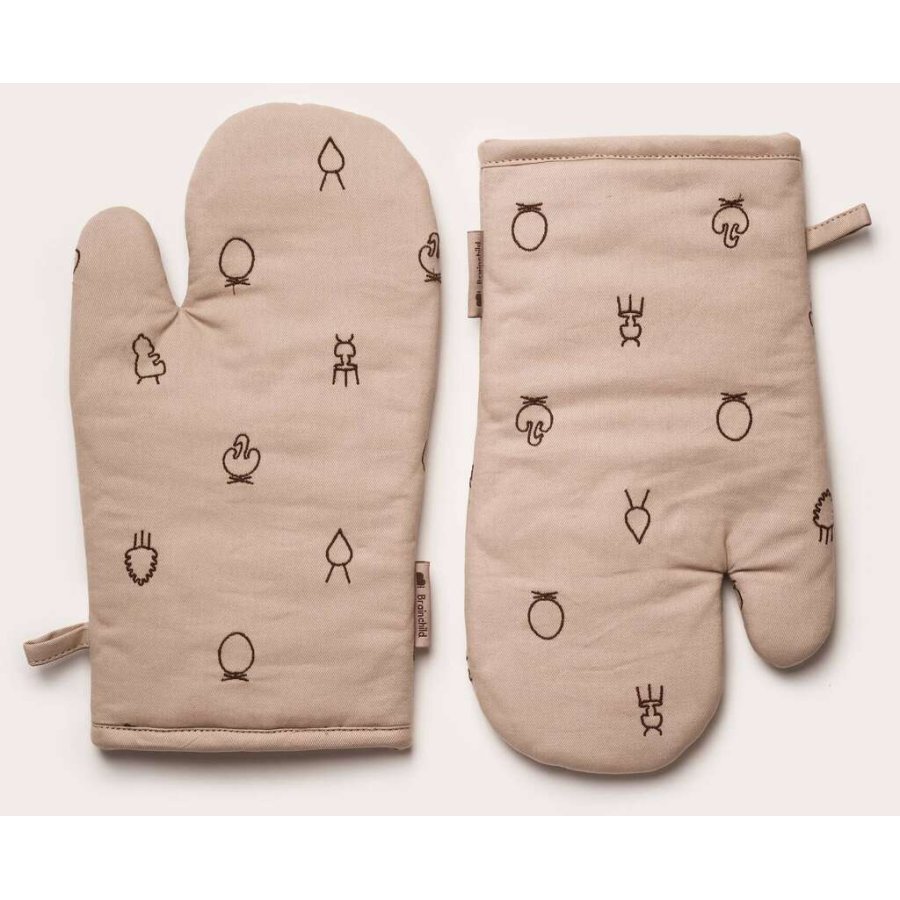 Brainchild Topfhandschuh, Beige mit brauner Stickerei