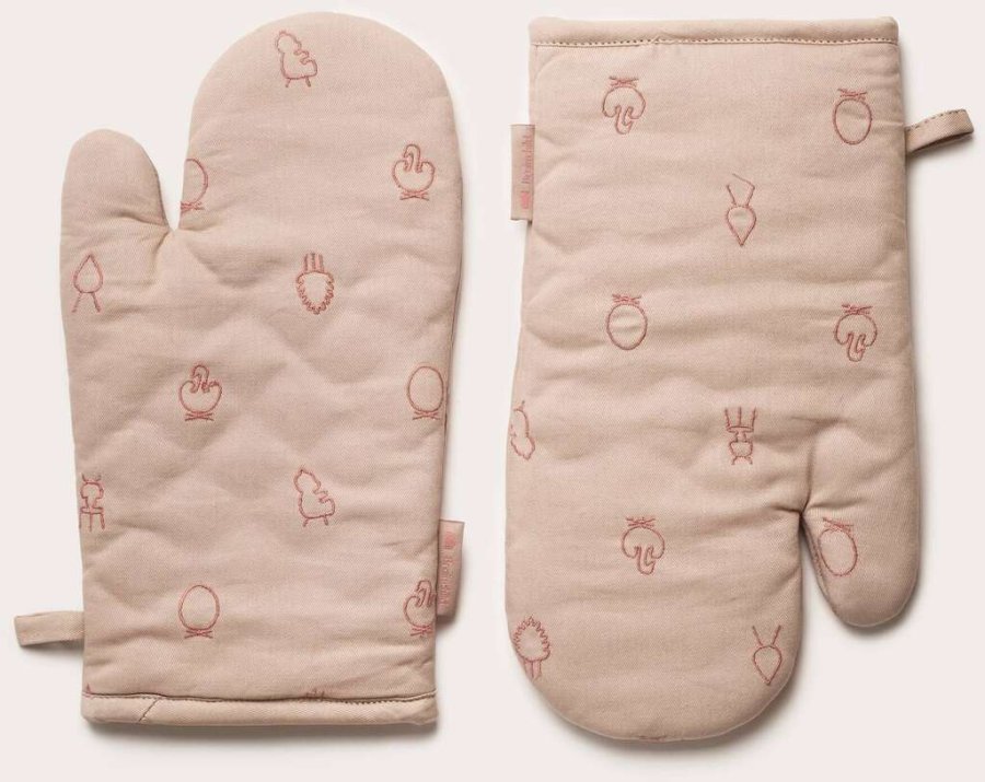 Brainchild Topfhandschuh, Beige mit rosa Stickerei