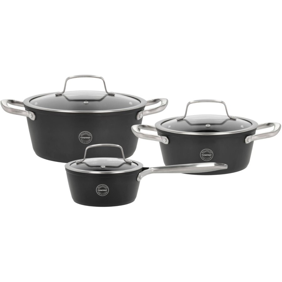 Pillivuyt Gourmet Travo Kochtopf-Set mit Glasdeckel, 6-teilig, Schwarzes Aluminium