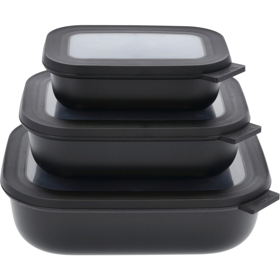 Mepal Cirqula Niedriges Rechteckiges Schalenset mit Deckel 3er Set, Schwarz