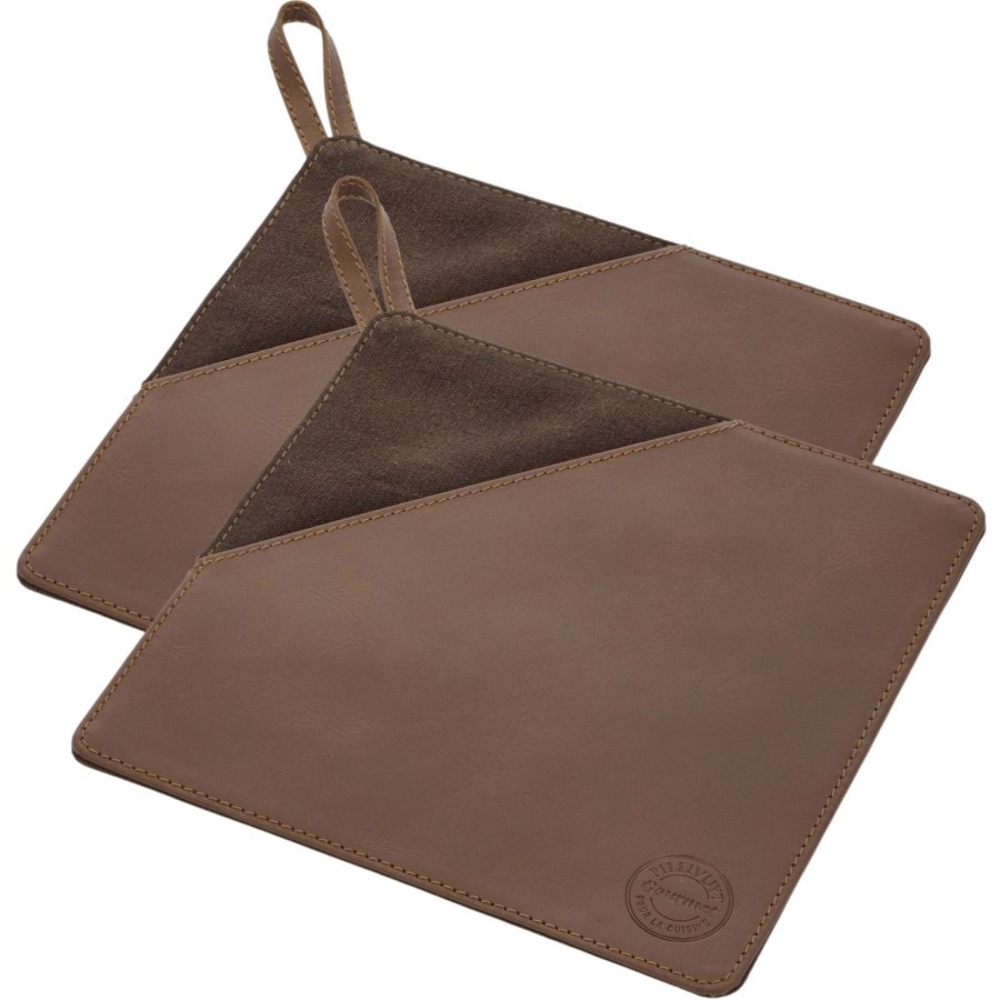 Pillivuyt Gourmet Topflappen 2er Set 20,5x20,5 cm, Brauner Canvas/Leder