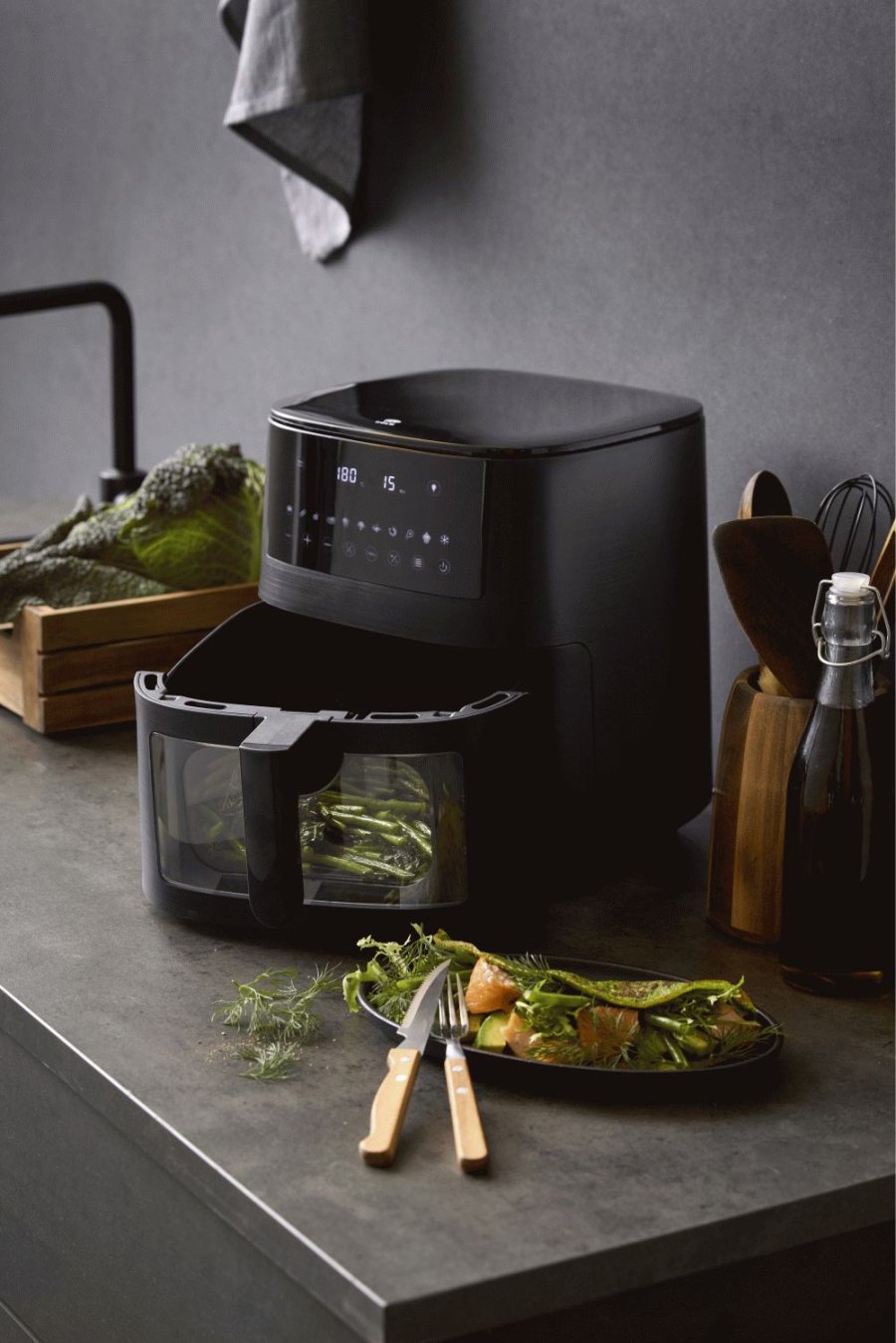 HOLM Heiluftfritteuse mit Fenster 6,5 L, Mattschwarz