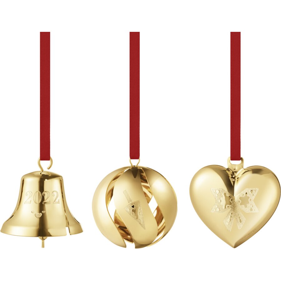 Georg Jensen Gaves�t m. Klokke, Kugle og Hjerte 2022, Guldbelagt