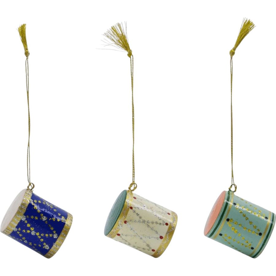 House Doctor Drum Weihnachtsschmuck 3er Set H4 cm, Dunkelblau/Grün/Beige
