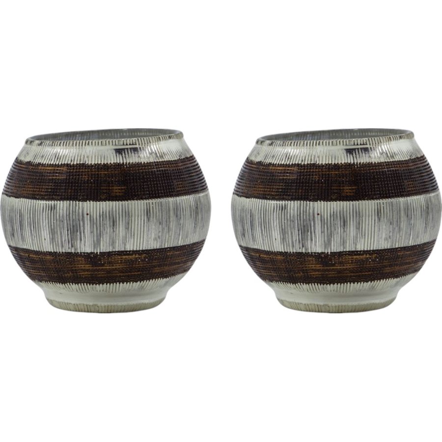 House Doctor Stripe Teelichthalter 2er Set H7,5 cm, Silberfinish/Braun