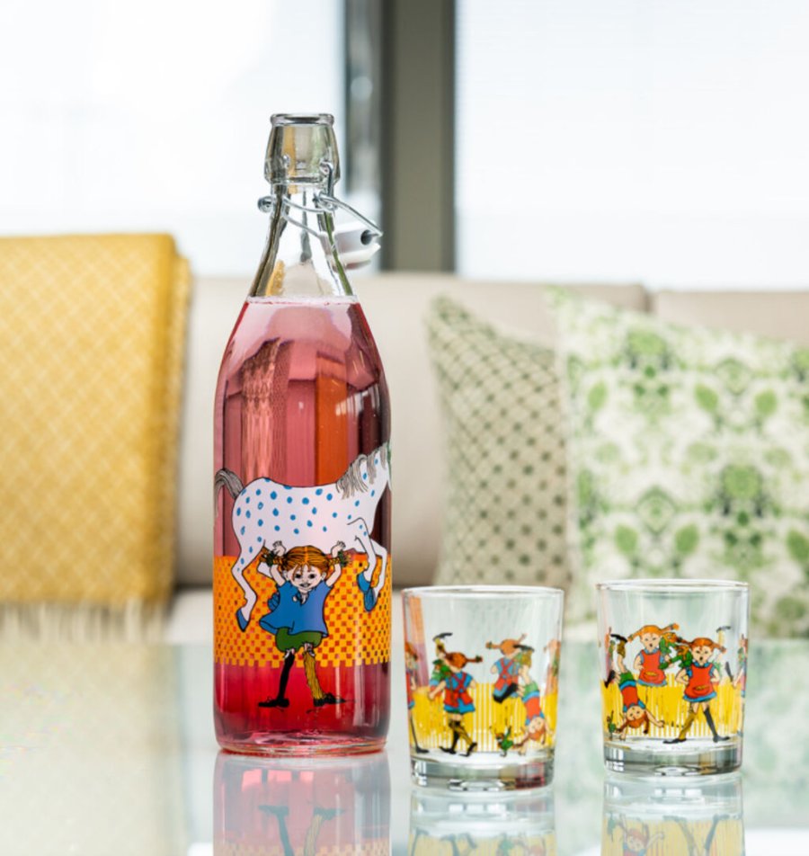 Muurla Pippi Glas flaske m. lg 1L, Pippi & hesten
