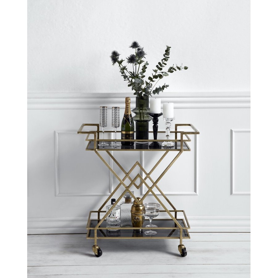 Nordal Trolley Rullebord H80 cm, Guld/Sort Glas