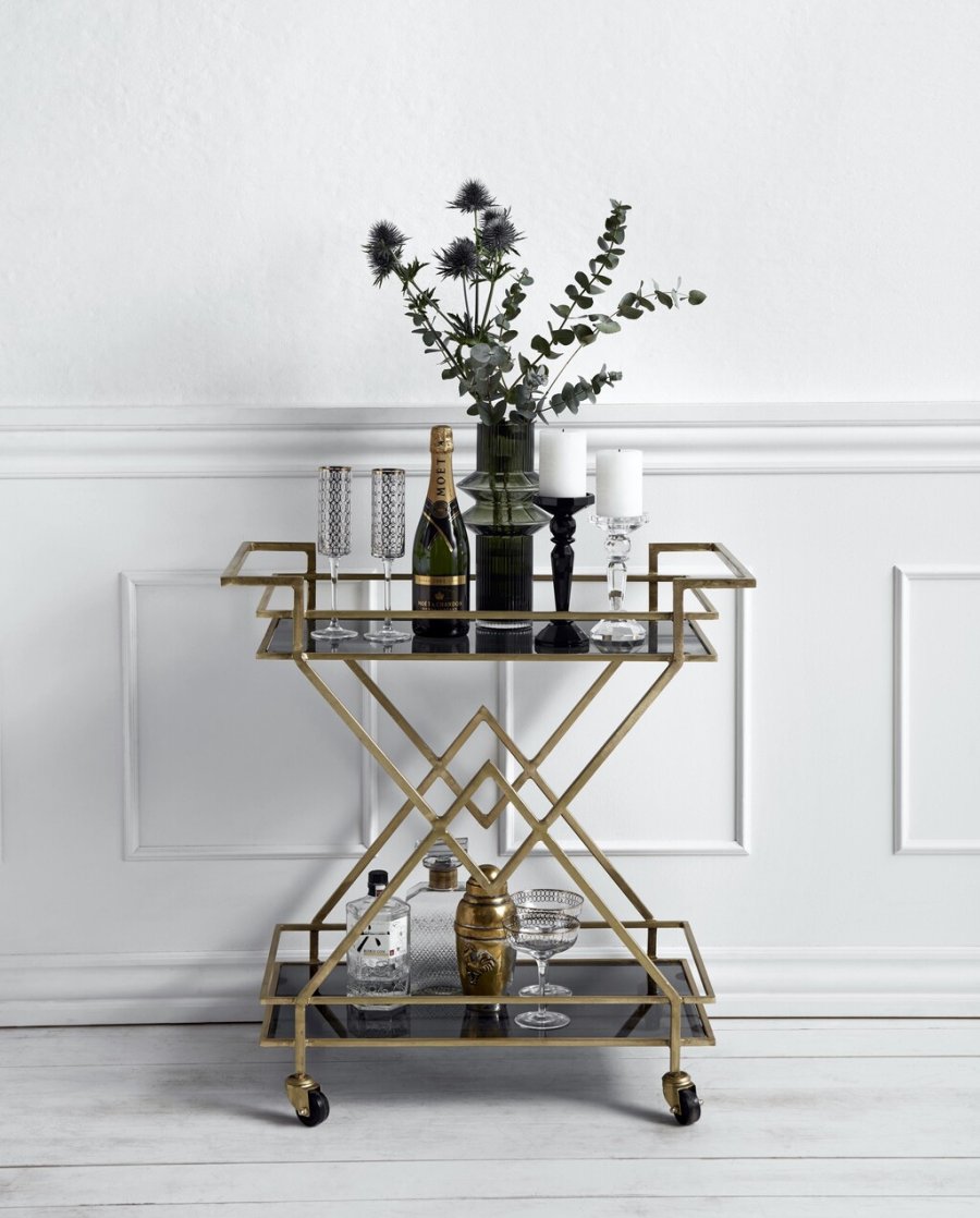 Nordal Trolley Rullebord H80 cm, Guld/Sort Glas