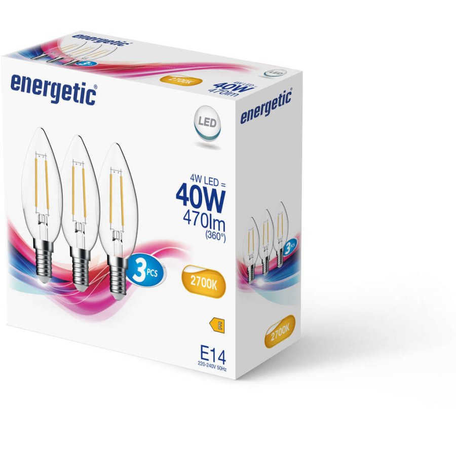 Energetic C35 Glhbirne LED E14 4W/470lm 3er Set, Klar