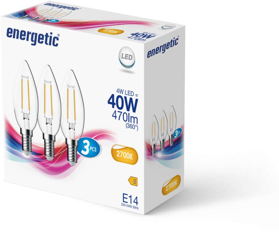 Energetic C35 Glhbirne LED E14 4W/470lm 3er Set, Klar