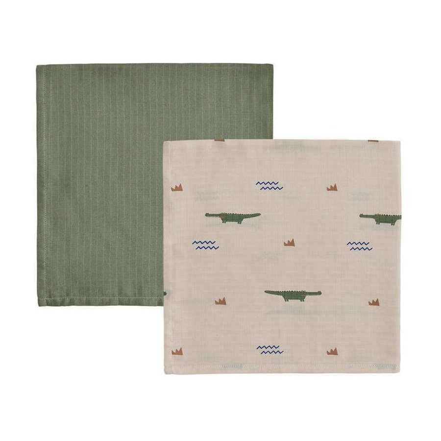 OYOY Mini Stoffwindel Krokodil 2er Set 70x70 cm, Beige/olive green