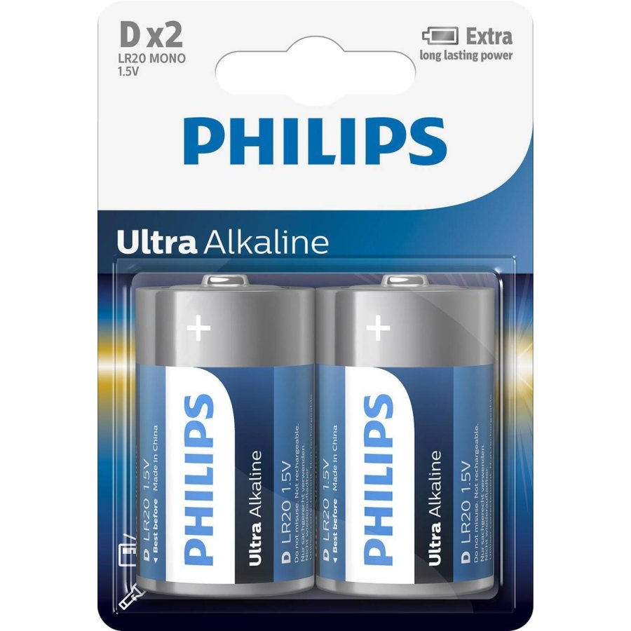 Philips Ultra Alkaline D-batteri 2 stk.