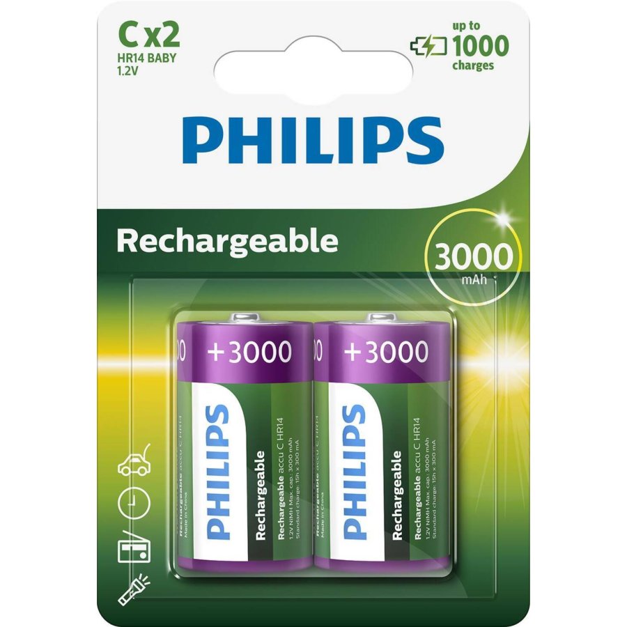 Philips C-batteri 3000mAh Genopladelig 2 stk.