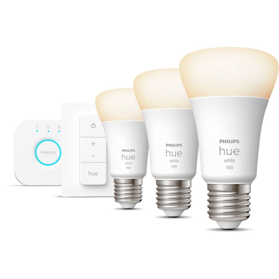 Philips Hue White Starter Set mit 1 Bridge, 3 E27-Glhbirnen und 1 Dimmer Switch 6,1 cm