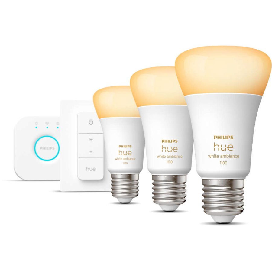 Philips Hue White Ambiance Starter Set mit 1 Bridge, 3 E27 Glhbirnen und Dimmer Switch 6 cm