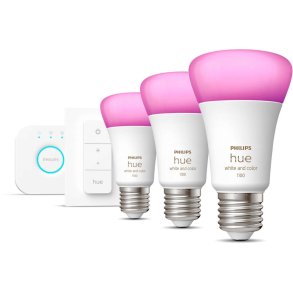 Philips Hue White and Color Ambiance Startsæt m. 1 Bridge, 3 E27-pærer og Dimmer Switch Ø6 cm