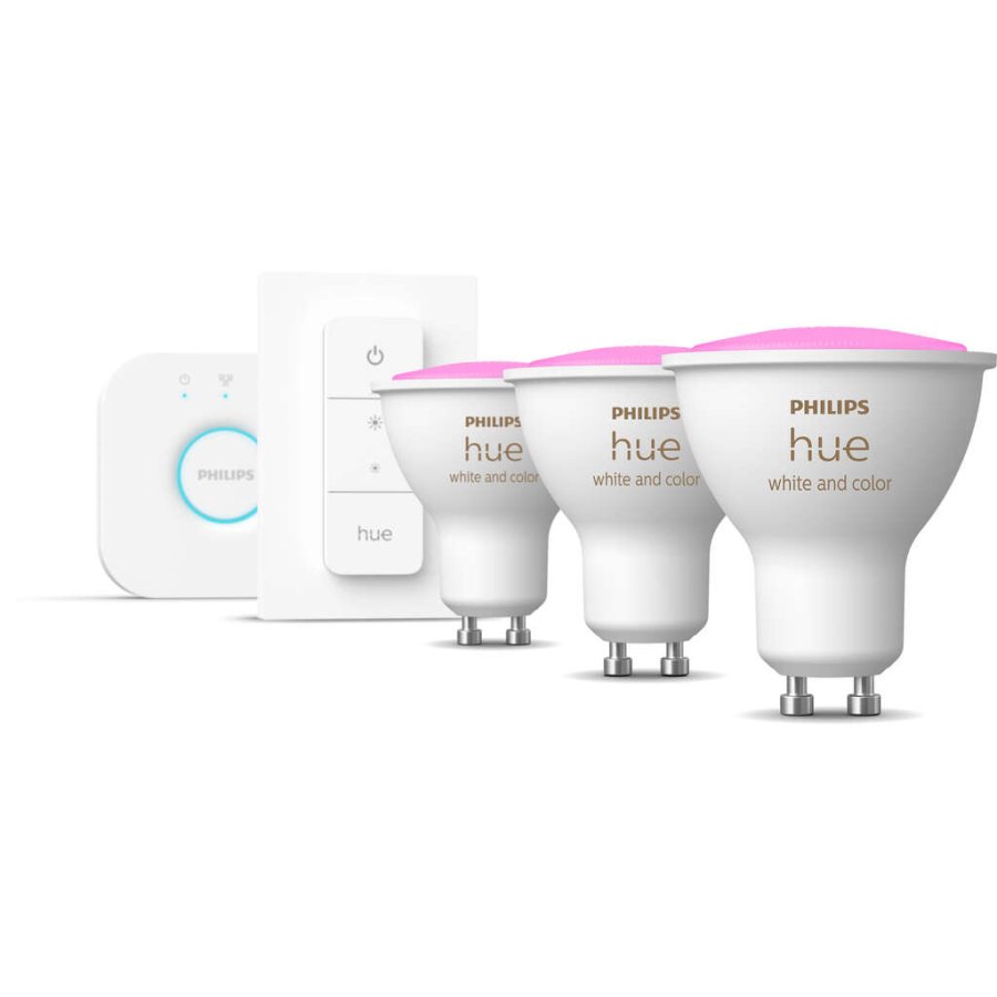 Philips Hue White and Color Ambiance Starter Set mit 1 Bridge, 3 GU10 Spots und Dimmer Switch 5 cm