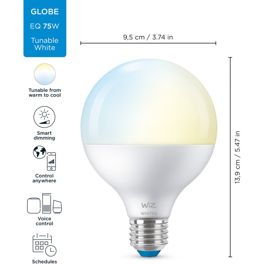 WIZ Justerbar G95 Wi-Fi LED Pre E27 75W, Hvid