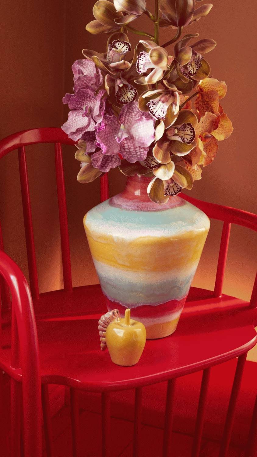 K&auml;hler Poppery Vase m. �ble H39 cm, Pink/Mint/Gul