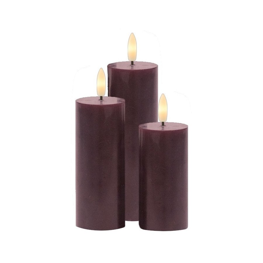 Sirius Sille Blockkerze wiederaufladbar 3er Set 5 cm, Bordeaux