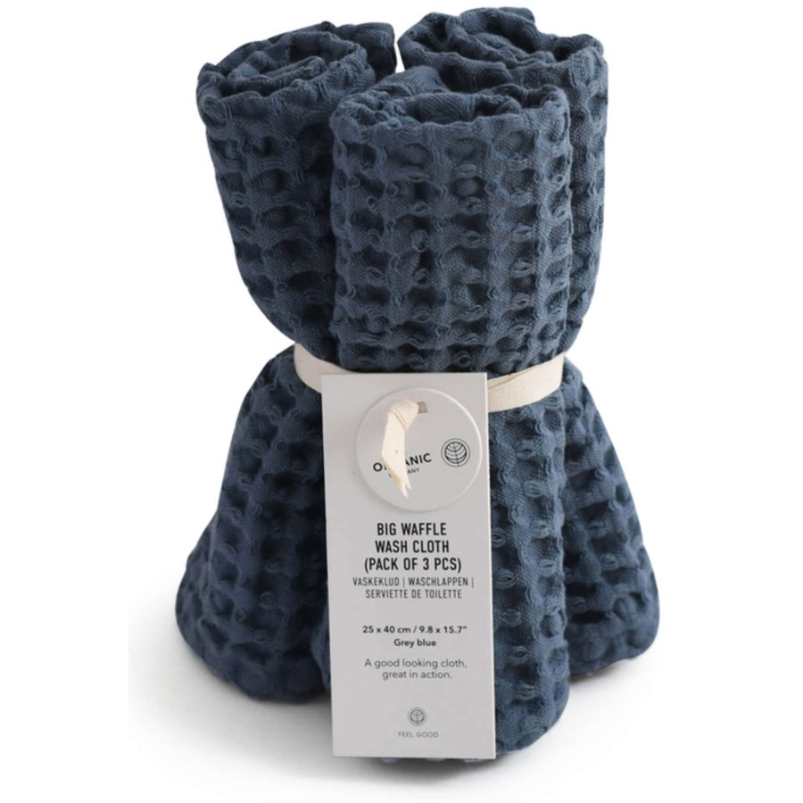 The Organic Company Big Waffle Waschlappen 3er Set. 25x40 cm, Grey Blue