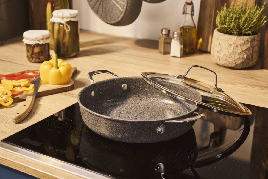 BALLARINI Salina Ceramic Servierpfanne mit Deckel 28 cm, Stone Grey