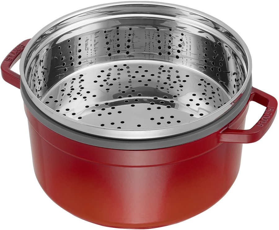 Staub Rund Gryde med damp indsats 26 cm St�bejern, r�d