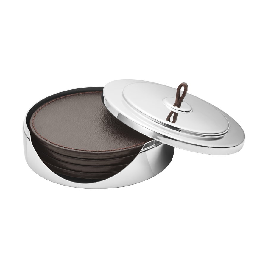 Georg Jensen Manhattan Untersetzer 4er Set. 12 cm, Leder/Stahl