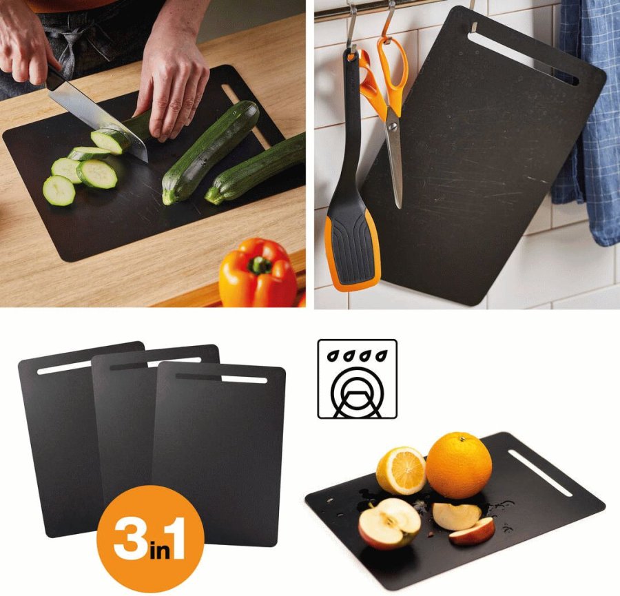 Fiskars Functional Form Schneidebrett 3er Set 24,5x0,1x34,5 cm, Schwarz