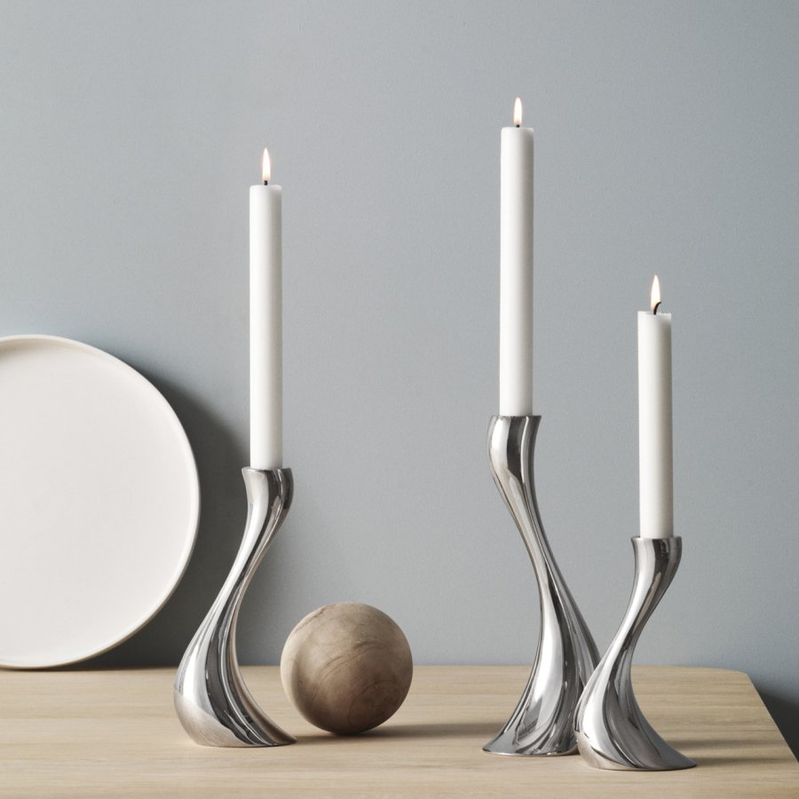 Georg Jensen Cobra Kerzenständer 3er Set mit Kerze, Stahl glänzend