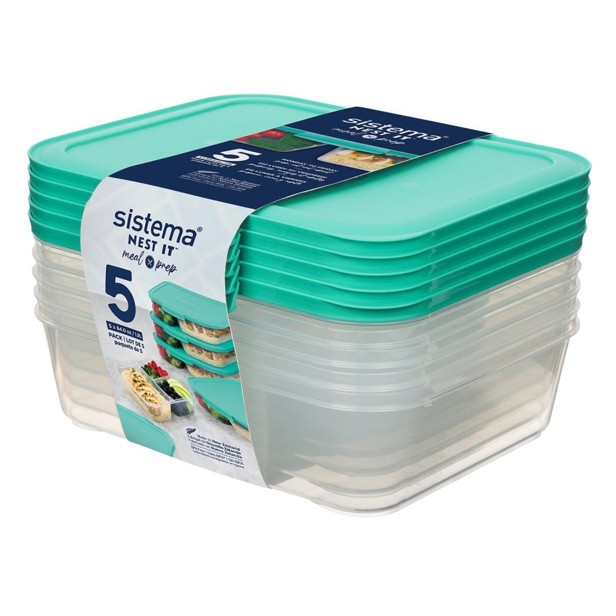 Sistema Nest It Meal Prep Opbevaringsboks m. 3 Rum 5 stk. 1,9 L, Minty Teal