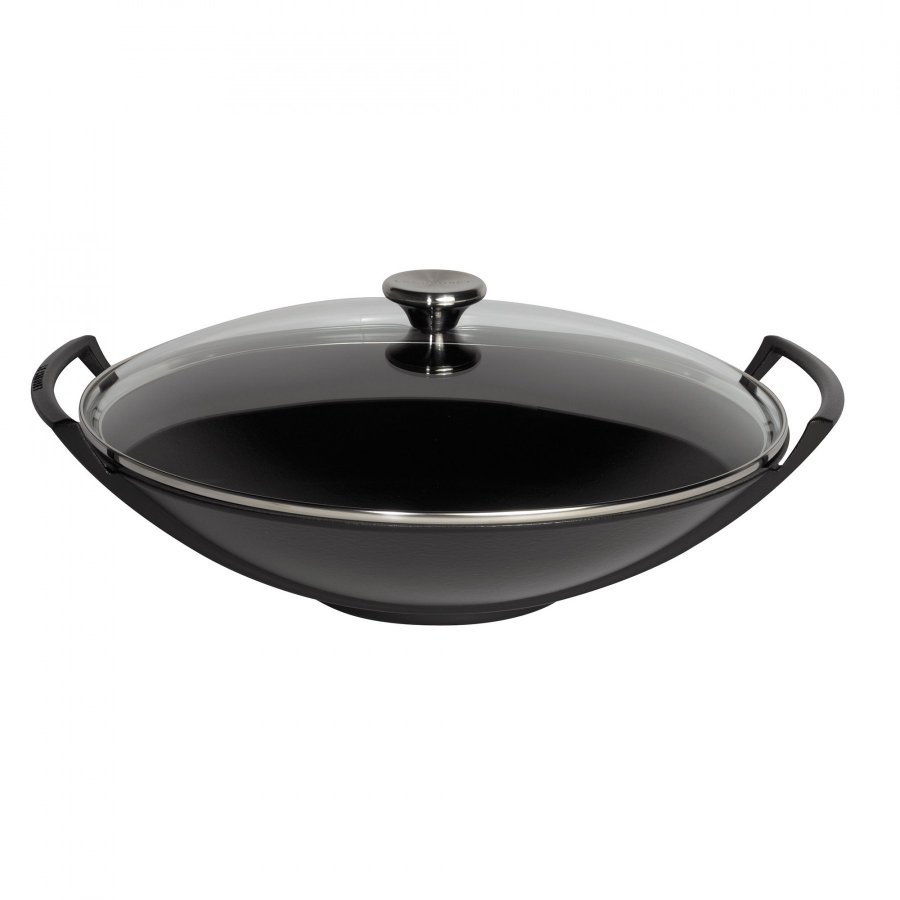 Le Creuset Wok m. glaslg 36 cm, Mat sort