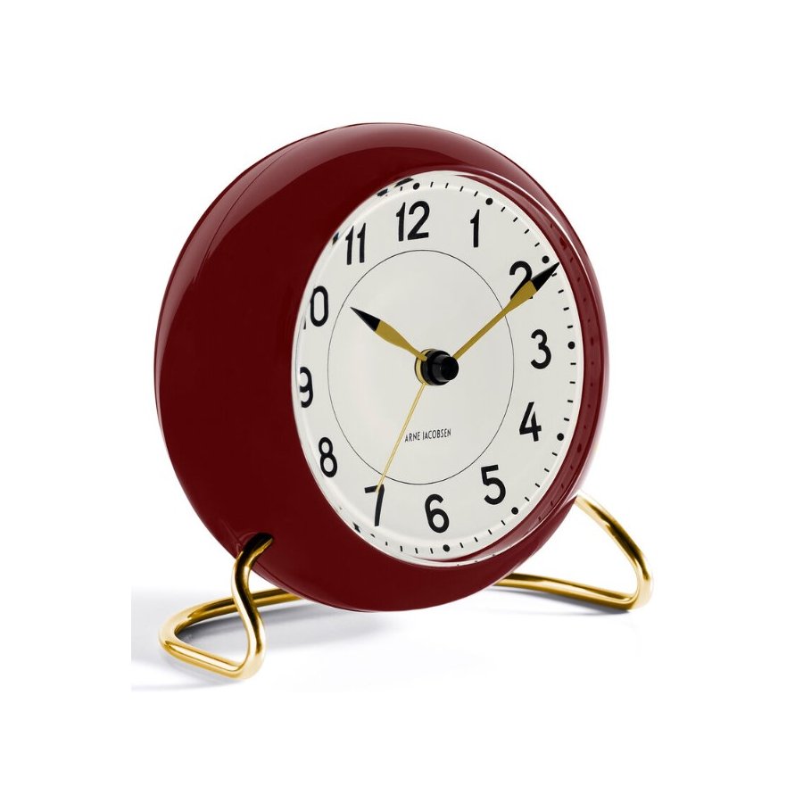 Arne Jacobsen Station Tischuhr mit Wecker 11 cm, Bordeaux/Gold