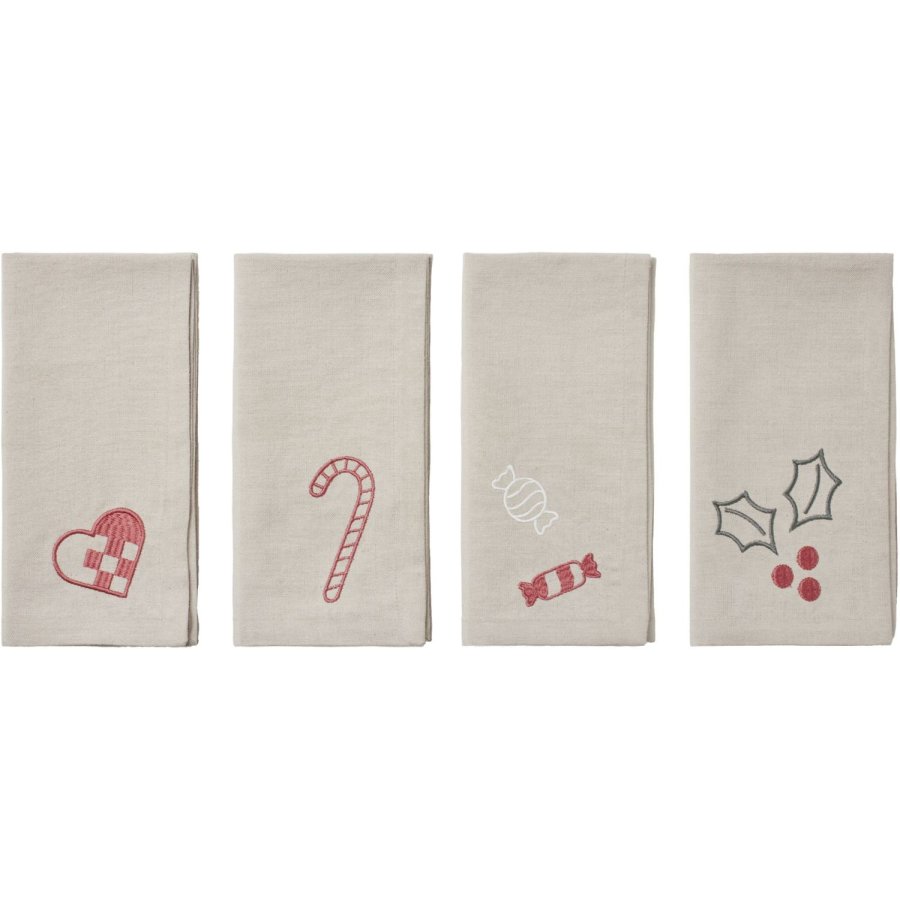 Broste Copenhagen Fryd Stoffserviette 4er Set 45x45 cm, Light Warm Grey/Rot